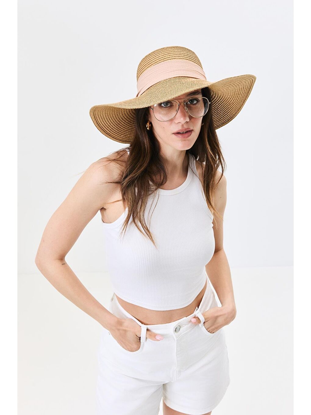 Bej Geniş Kenar Hasır Plaj Şapkası Y25730-10 Vizon