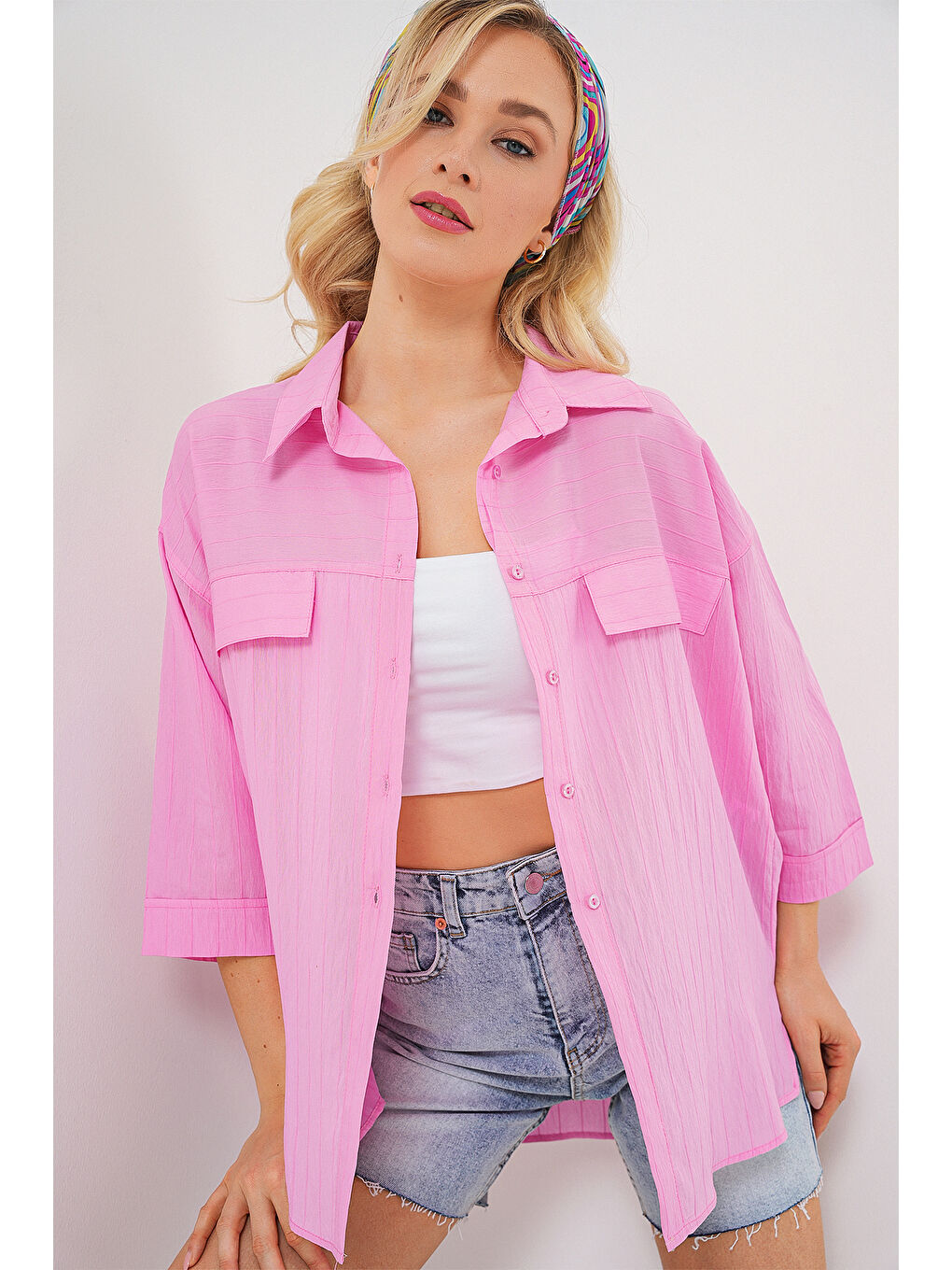 Kadın Cep Detaylı Kısa Kol Gömlek 20317 - Pembe