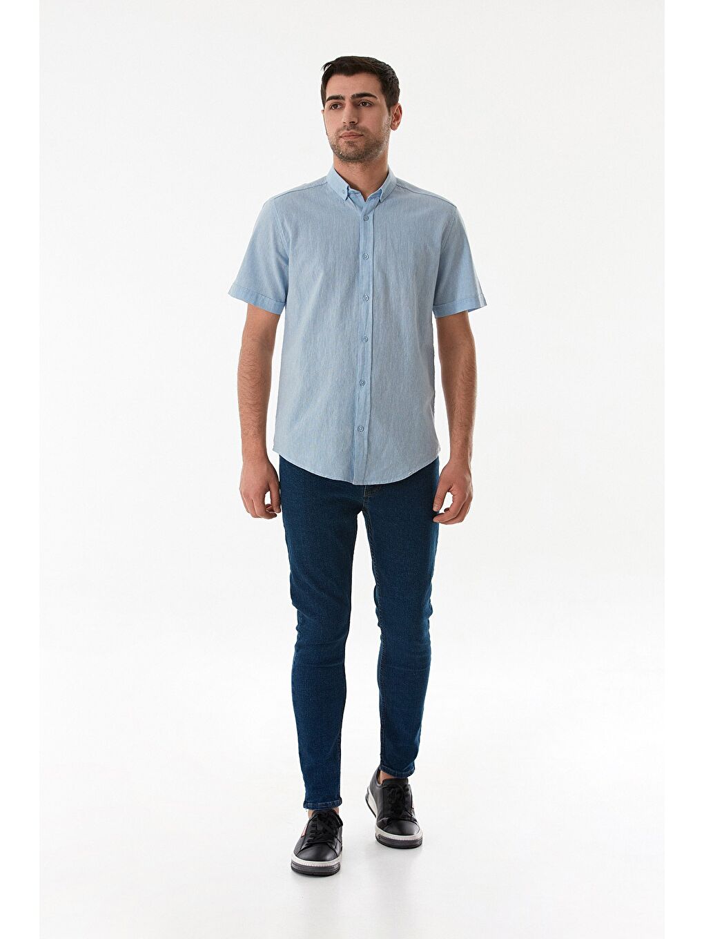 Mavi Basic Kısa Kollu Keten Gömlek-1