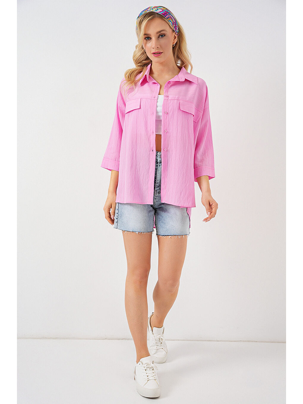 Kadın Cep Detaylı Kısa Kol Gömlek 20317 - Pembe-1