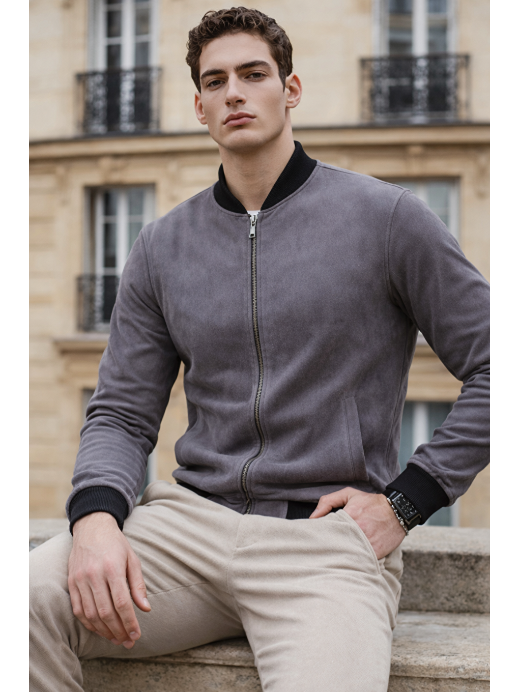 Gri Erkek Trend Dar Astarsız Nubuk Süet Füme Ceket-3