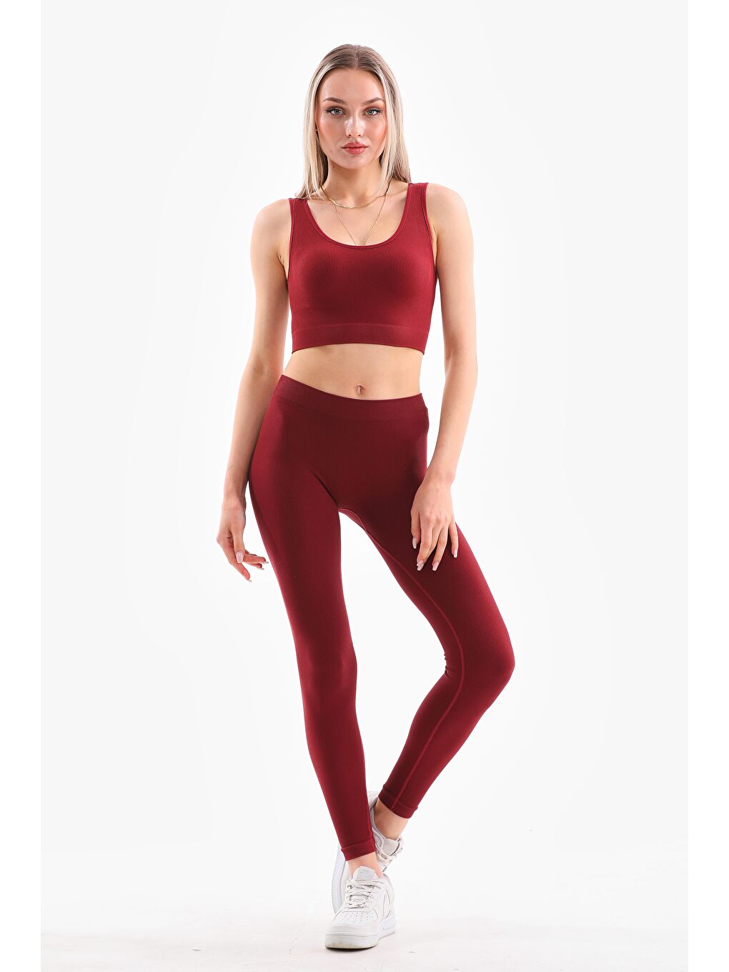 Kadın Bordo Renkli Fitilli Seamless Tayt