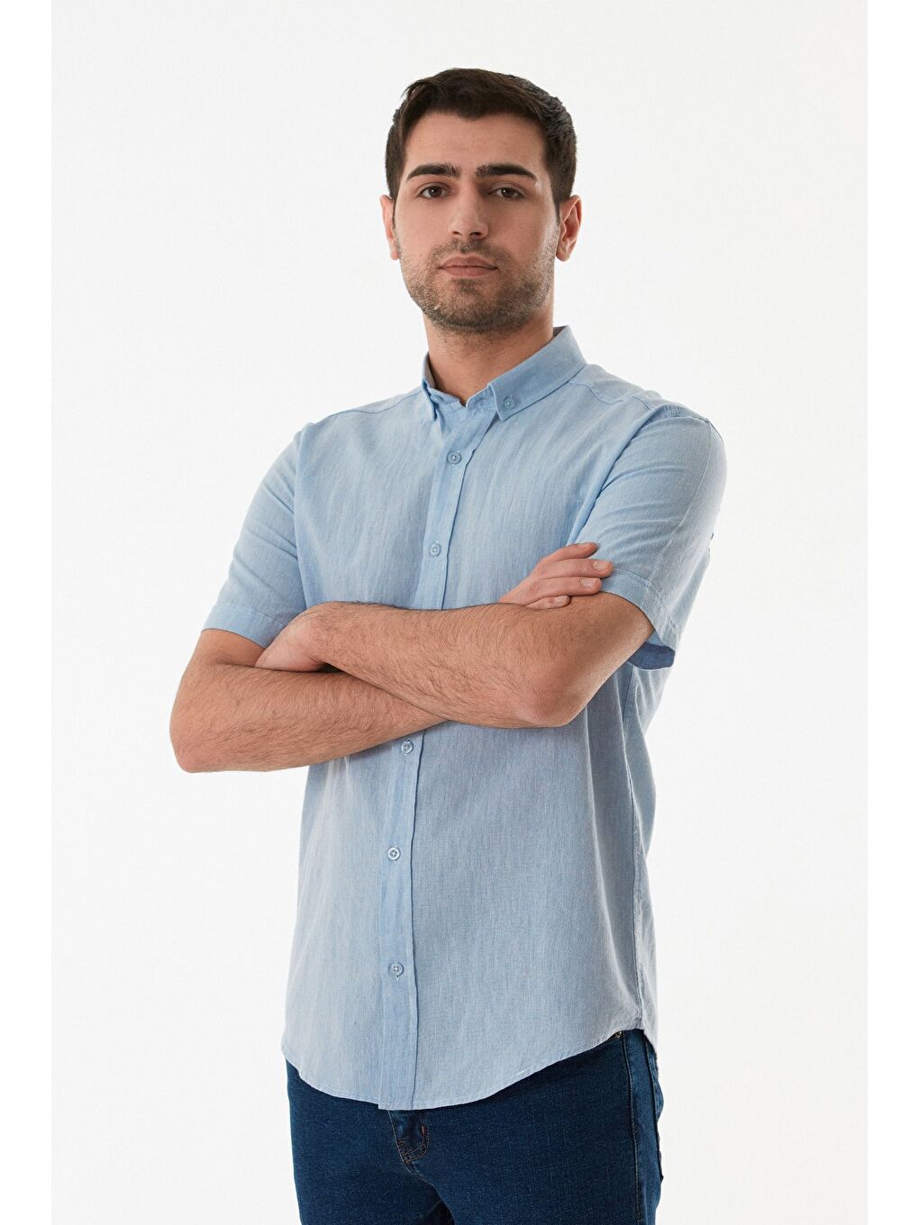 Mavi Basic Kısa Kollu Keten Gömlek-2