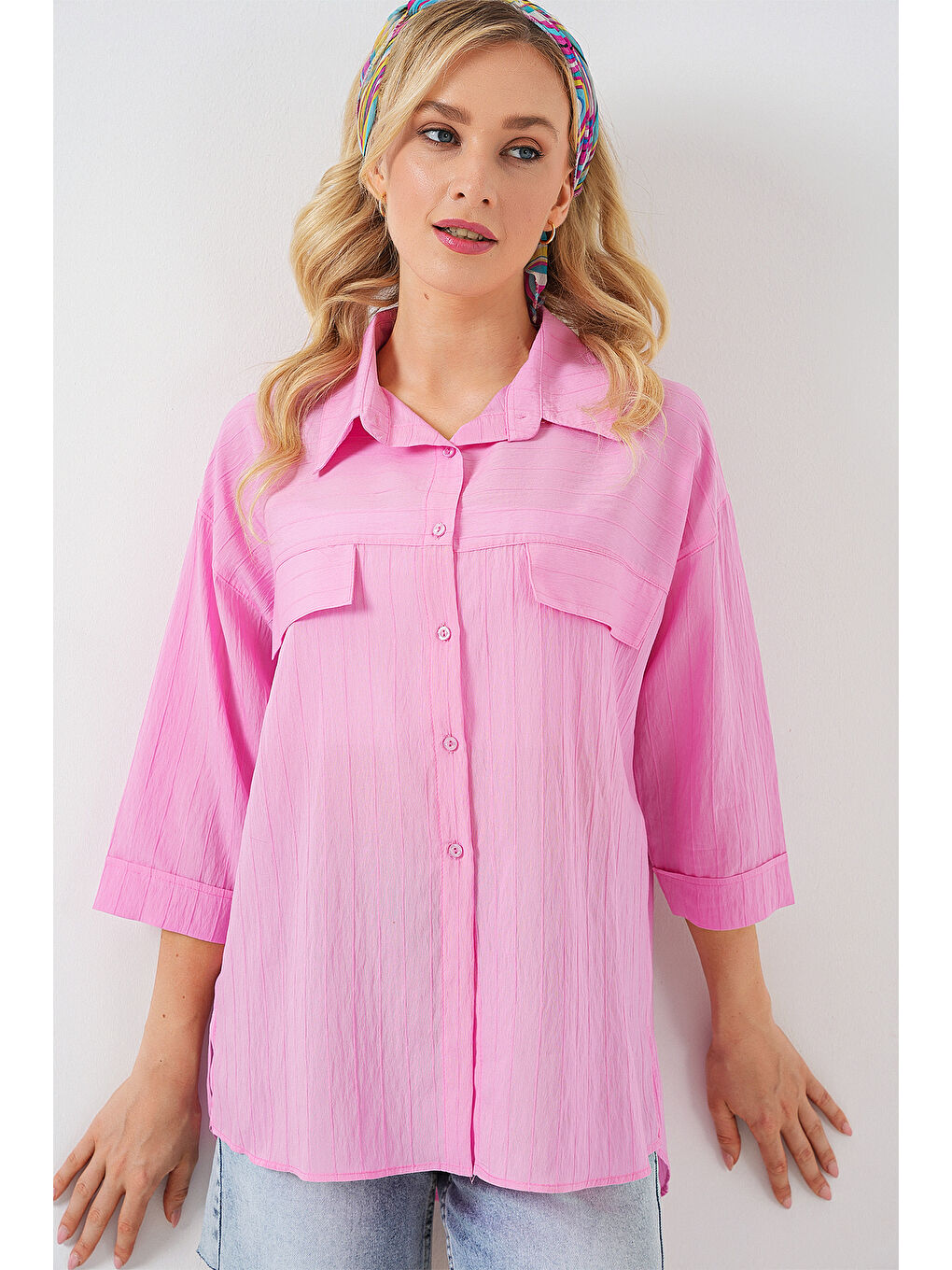 Kadın Cep Detaylı Kısa Kol Gömlek 20317 - Pembe-2