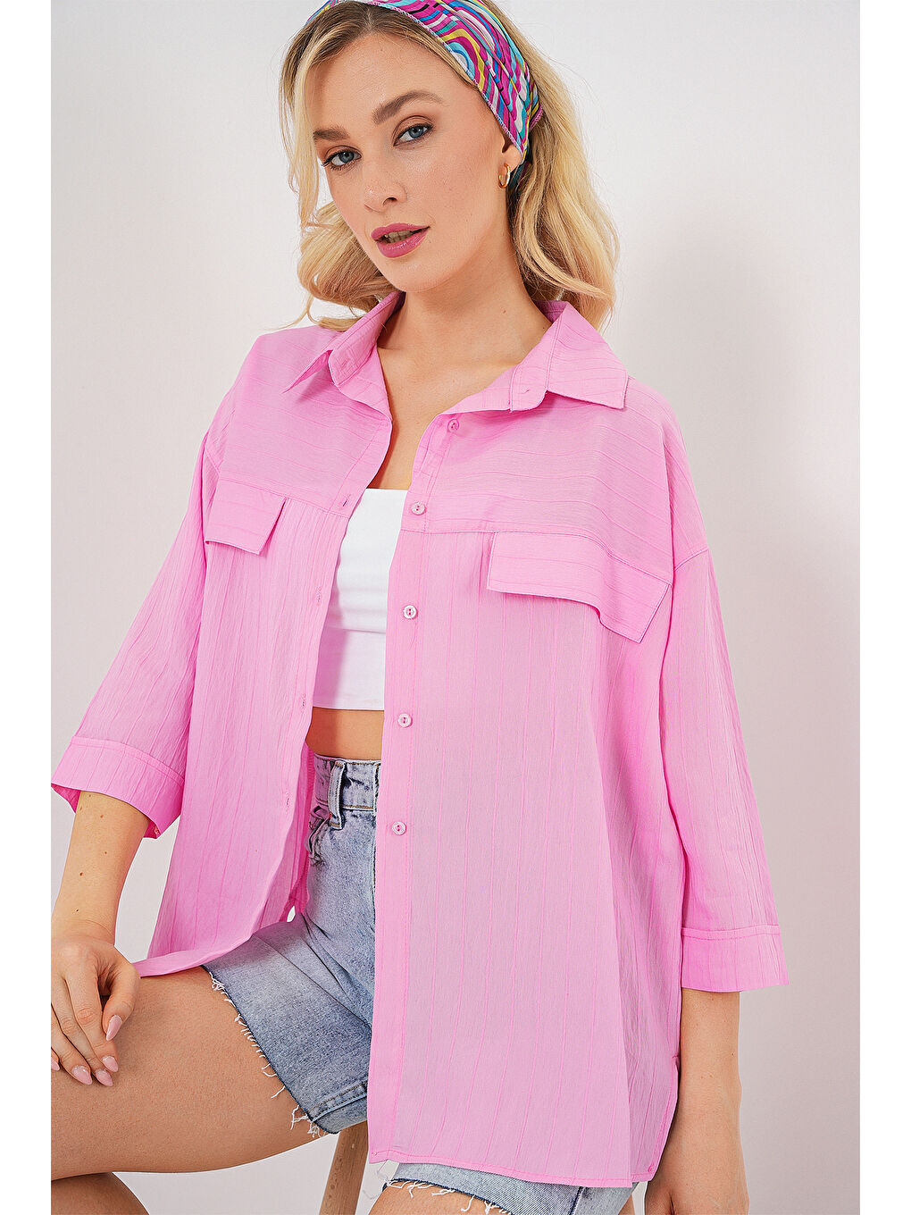 Kadın Cep Detaylı Kısa Kol Gömlek 20317 - Pembe-3