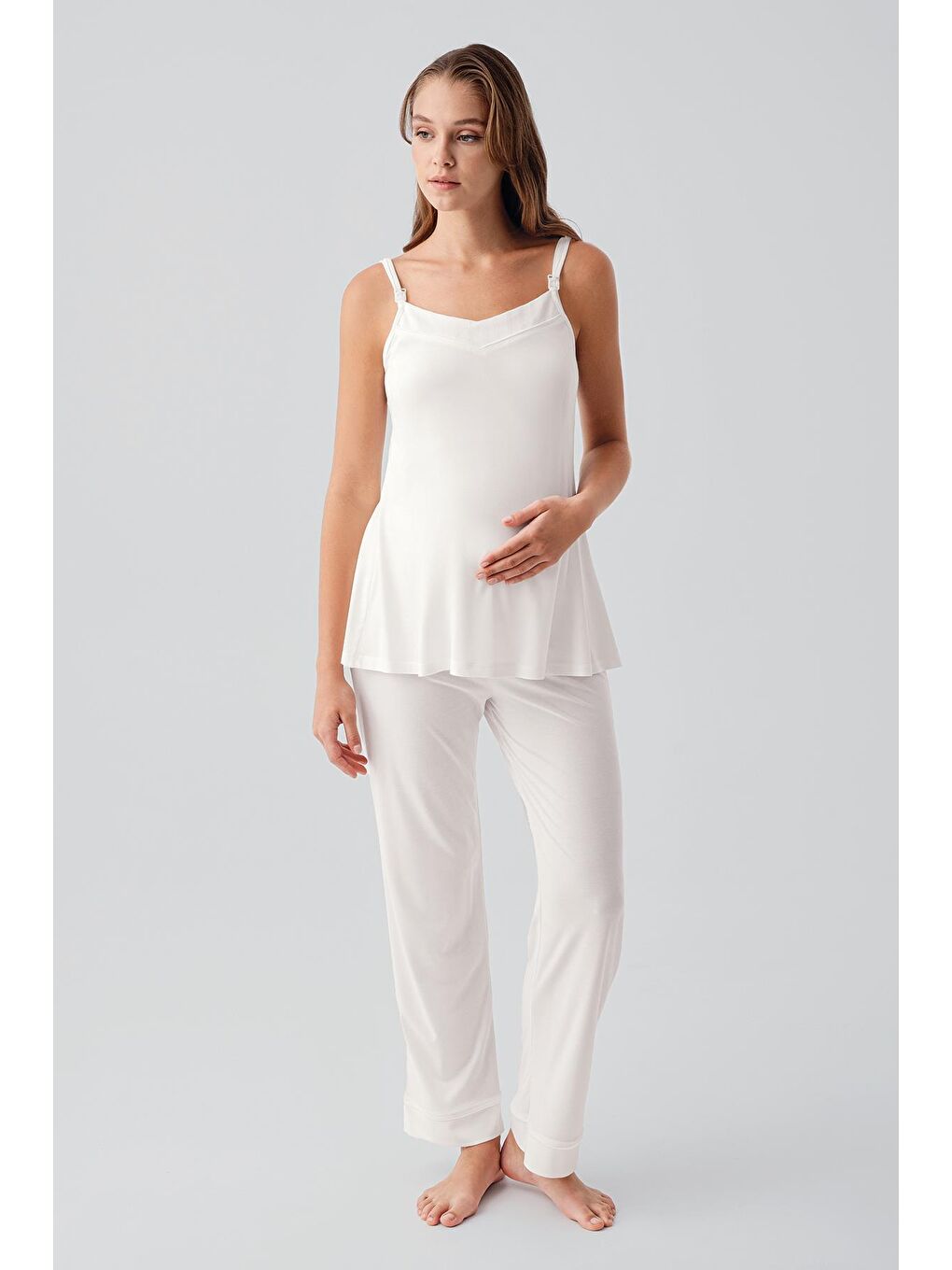 Ekru Askılı Esnek Viskoz Hamile Sabahlık Pijama Takım 19307-1
