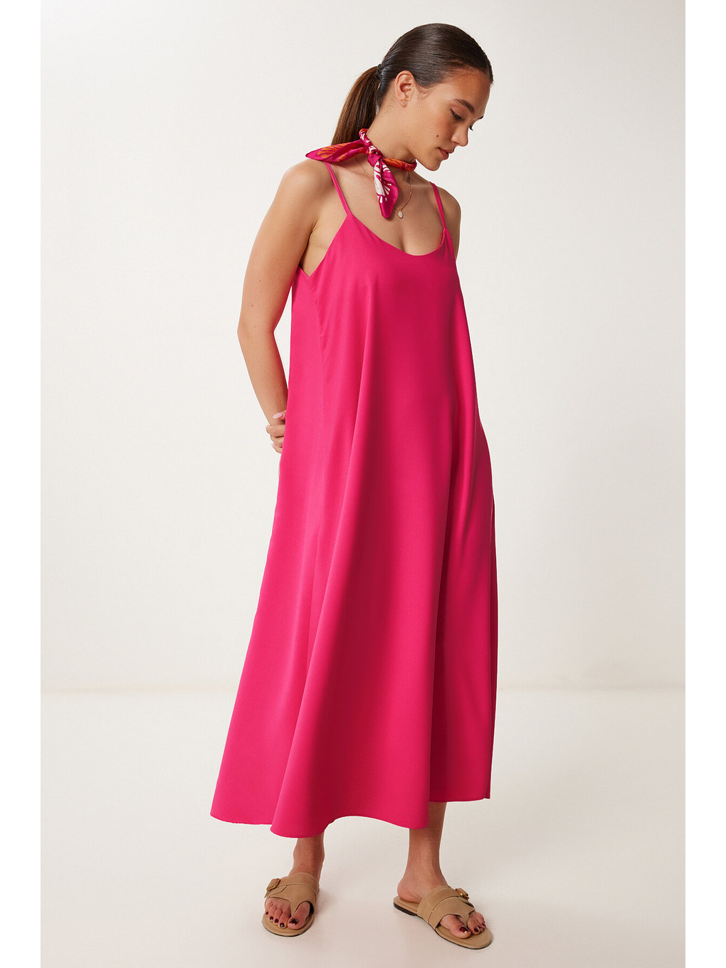 Askılı Dökümlü Elbise Koyu Pembe Lgk0004