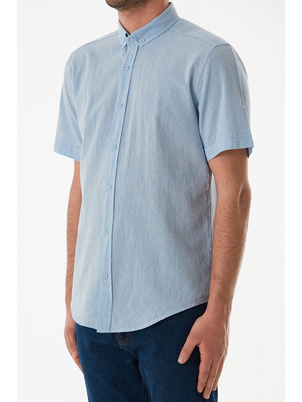 Mavi Basic Kısa Kollu Keten Gömlek-4