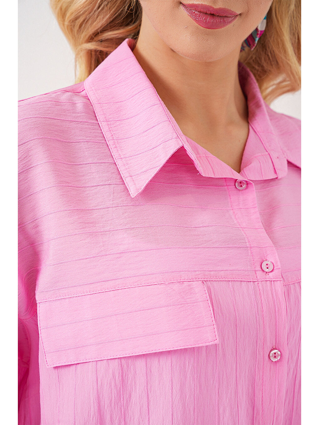 Kadın Cep Detaylı Kısa Kol Gömlek 20317 - Pembe-4