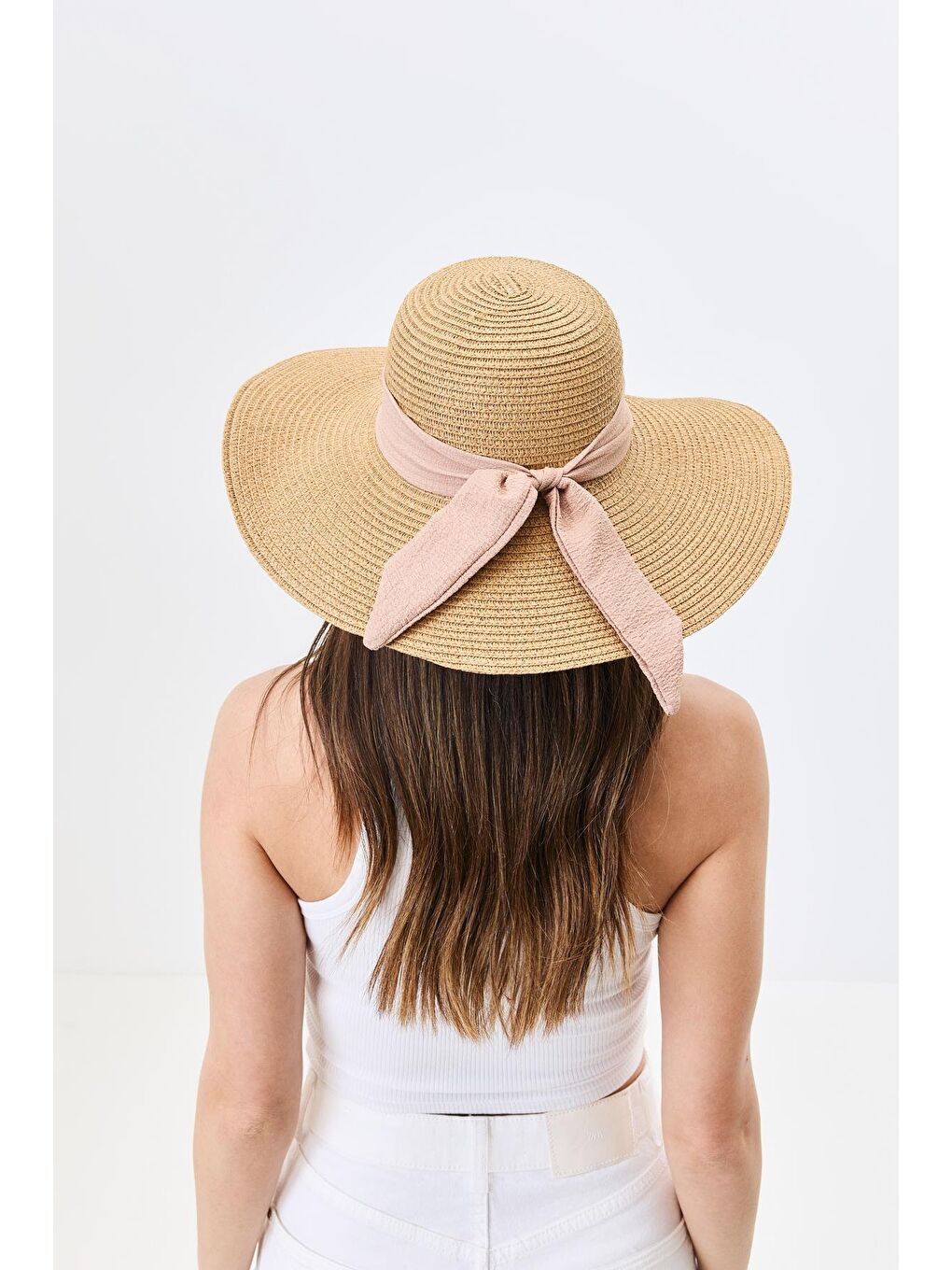 Bej Geniş Kenar Hasır Plaj Şapkası Y25730-10 Vizon-2