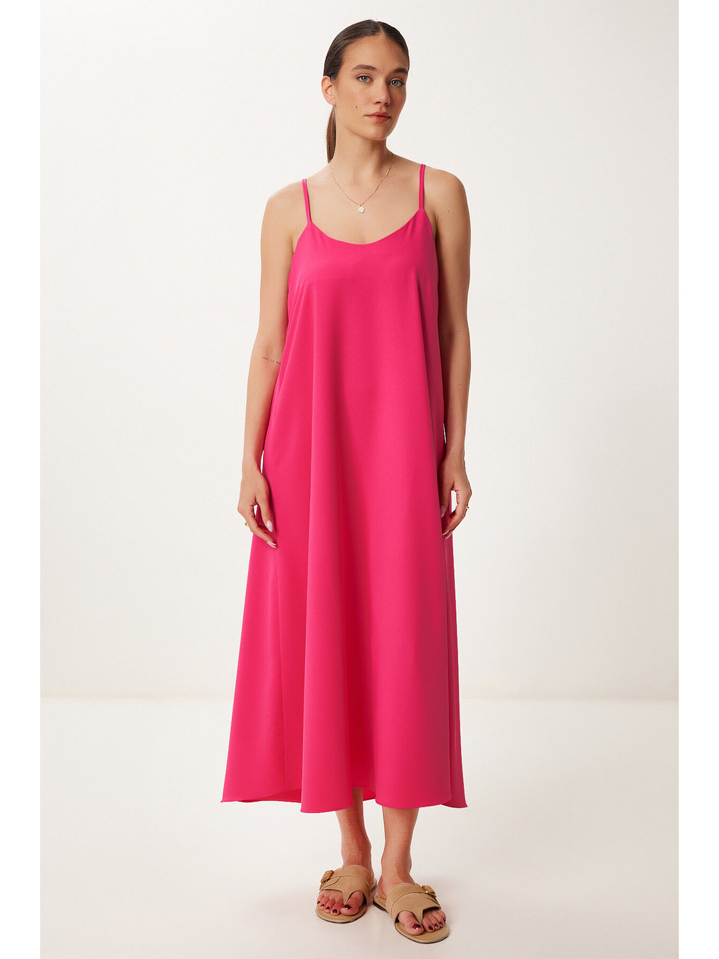 Askılı Dökümlü Elbise Koyu Pembe Lgk0004-2