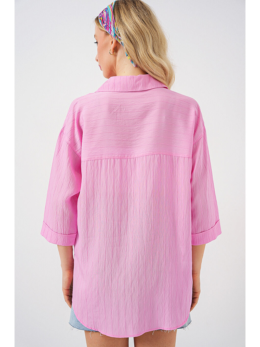 Kadın Cep Detaylı Kısa Kol Gömlek 20317 - Pembe-5