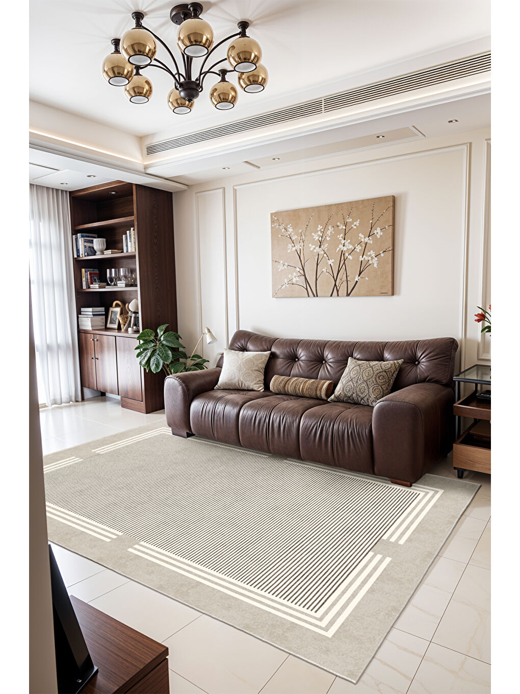 Bej Dekoratif Salon Halısı, Makinada Yıkanabilir, Kaymaz Taban, İnce & Modern Tasarım-1