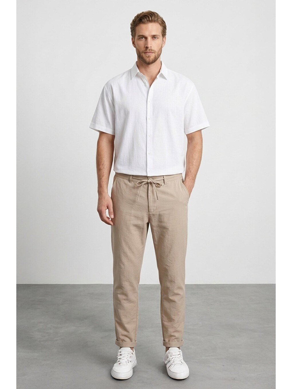 Bej Beli Bağlamalı Duble Paça Jogger Pantolon
