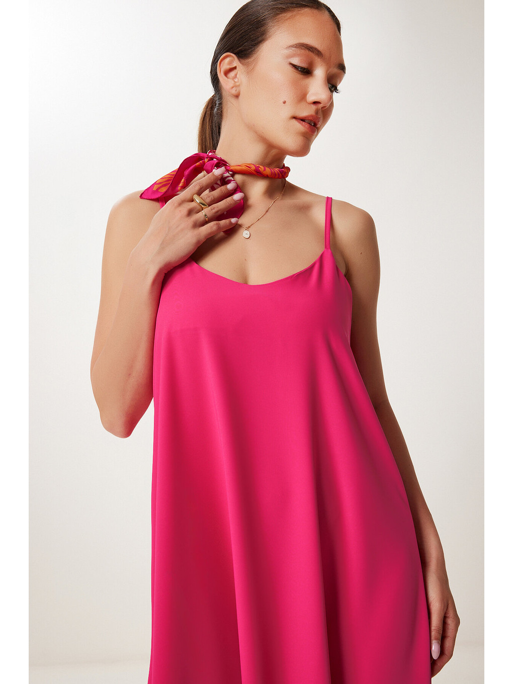 Askılı Dökümlü Elbise Koyu Pembe Lgk0004-4