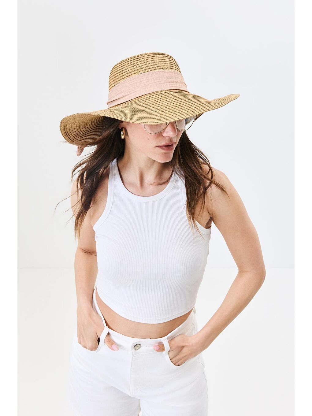 Bej Geniş Kenar Hasır Plaj Şapkası Y25730-10 Vizon-3