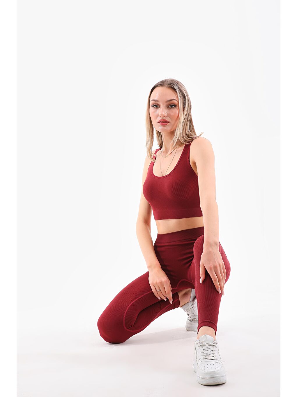 Kadın Bordo Renkli Fitilli Seamless Tayt-3