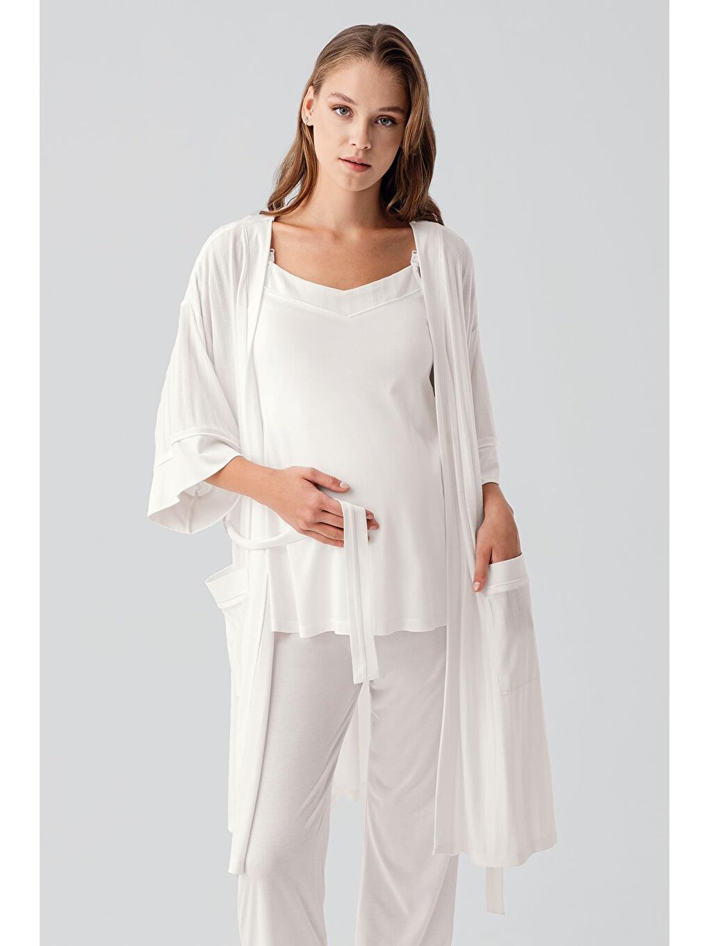 Ekru Askılı Esnek Viskoz Hamile Sabahlık Pijama Takım 19307-2