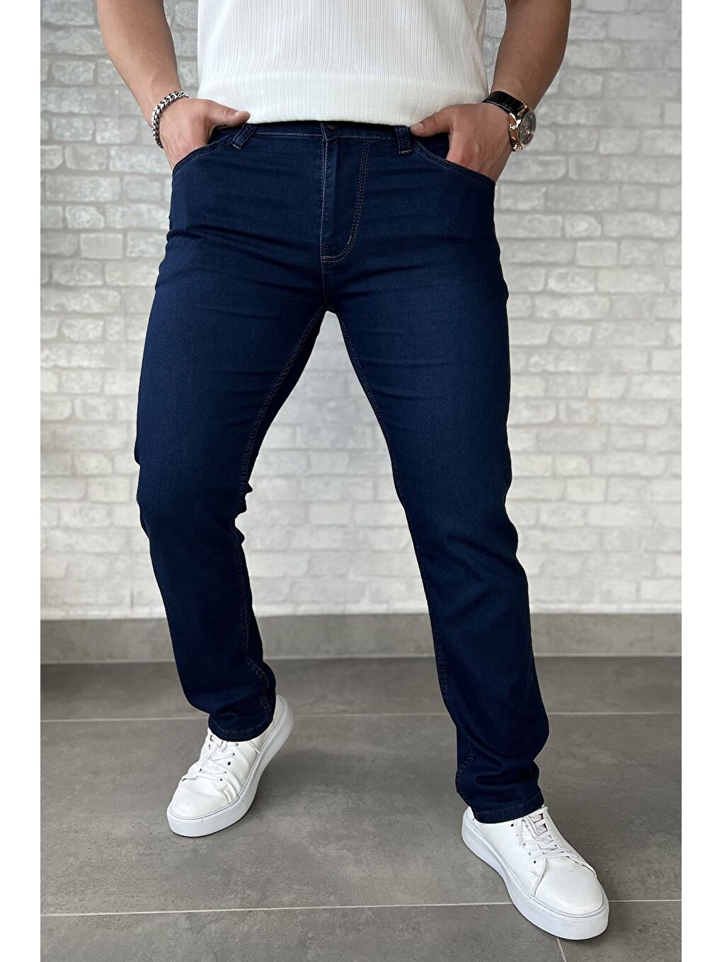 Lacivert Erkek Elastanlı Fermuarlı Jean Pantolon