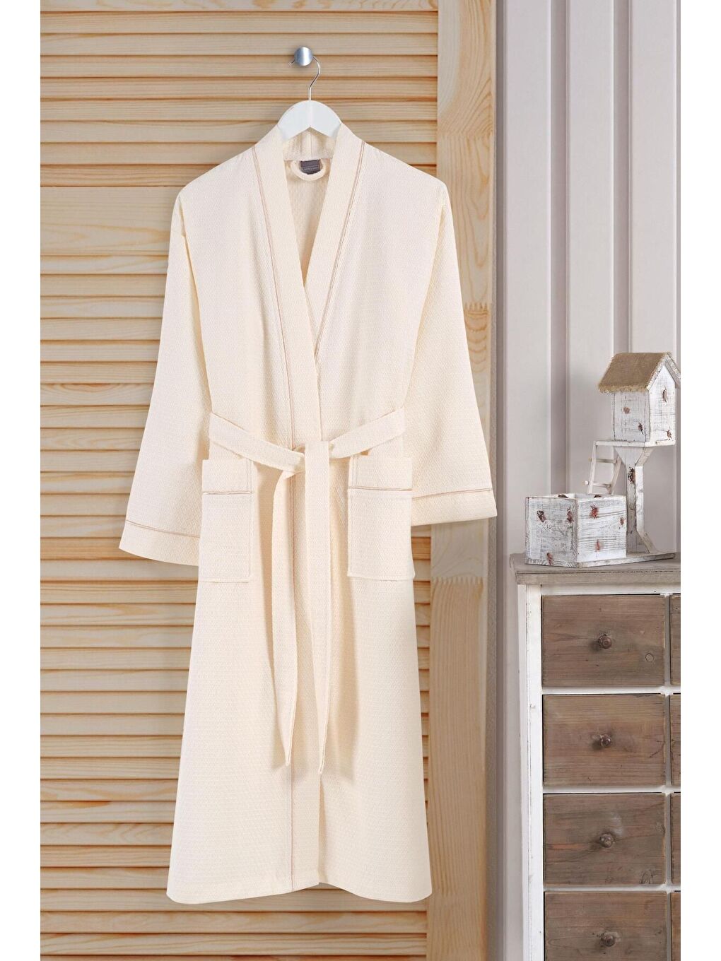 Ekru Dama Serisi Kimono Yaka Pike Bornoz Sabahlık KREM/L/XL