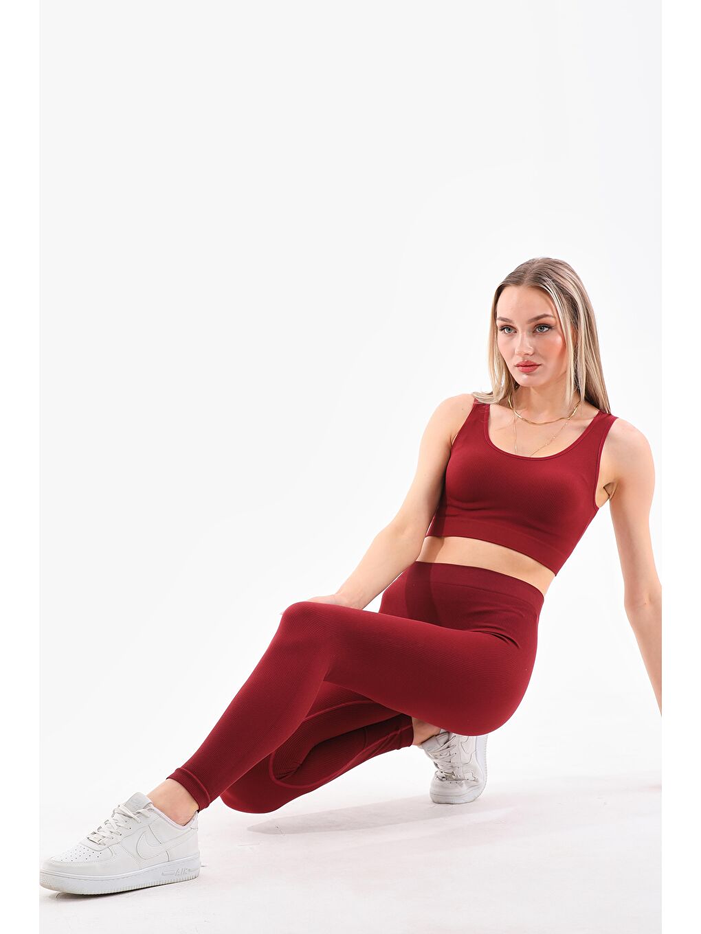 Kadın Bordo Renkli Fitilli Seamless Tayt-4