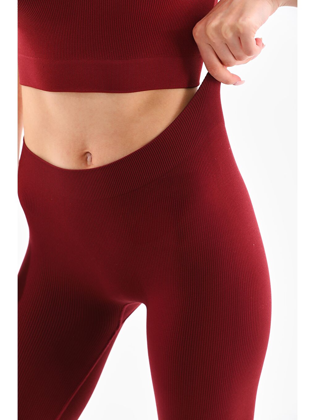 Kadın Bordo Renkli Fitilli Seamless Tayt-5