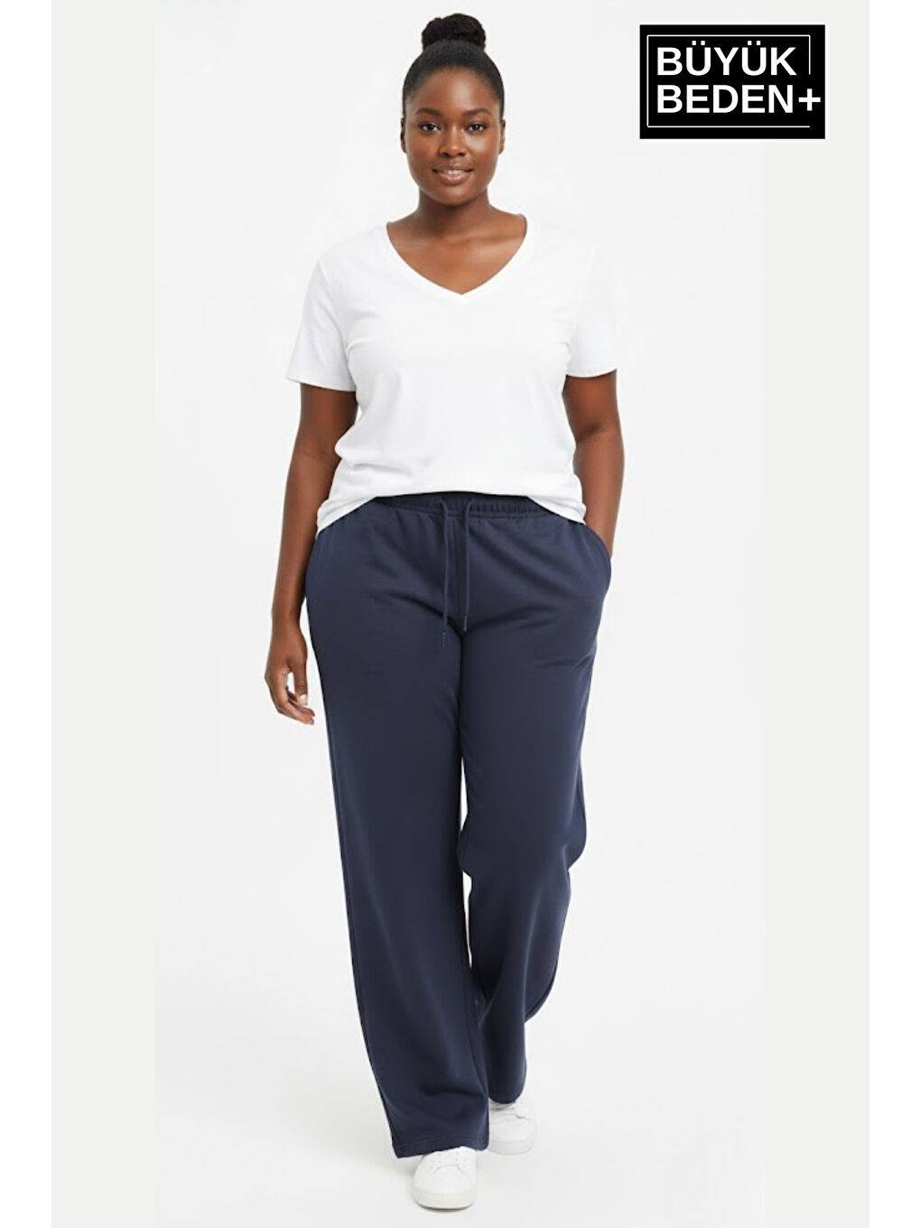 Lacivert Kadın Büyük Beden Rahat Kesim Lastikli Bel Paça Reçmeli Eşofman Altı SPR26EAK952