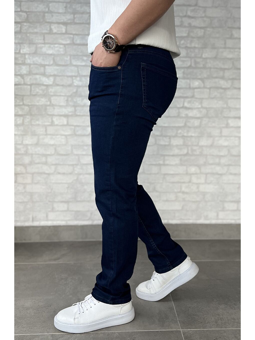 Lacivert Erkek Elastanlı Fermuarlı Jean Pantolon-1