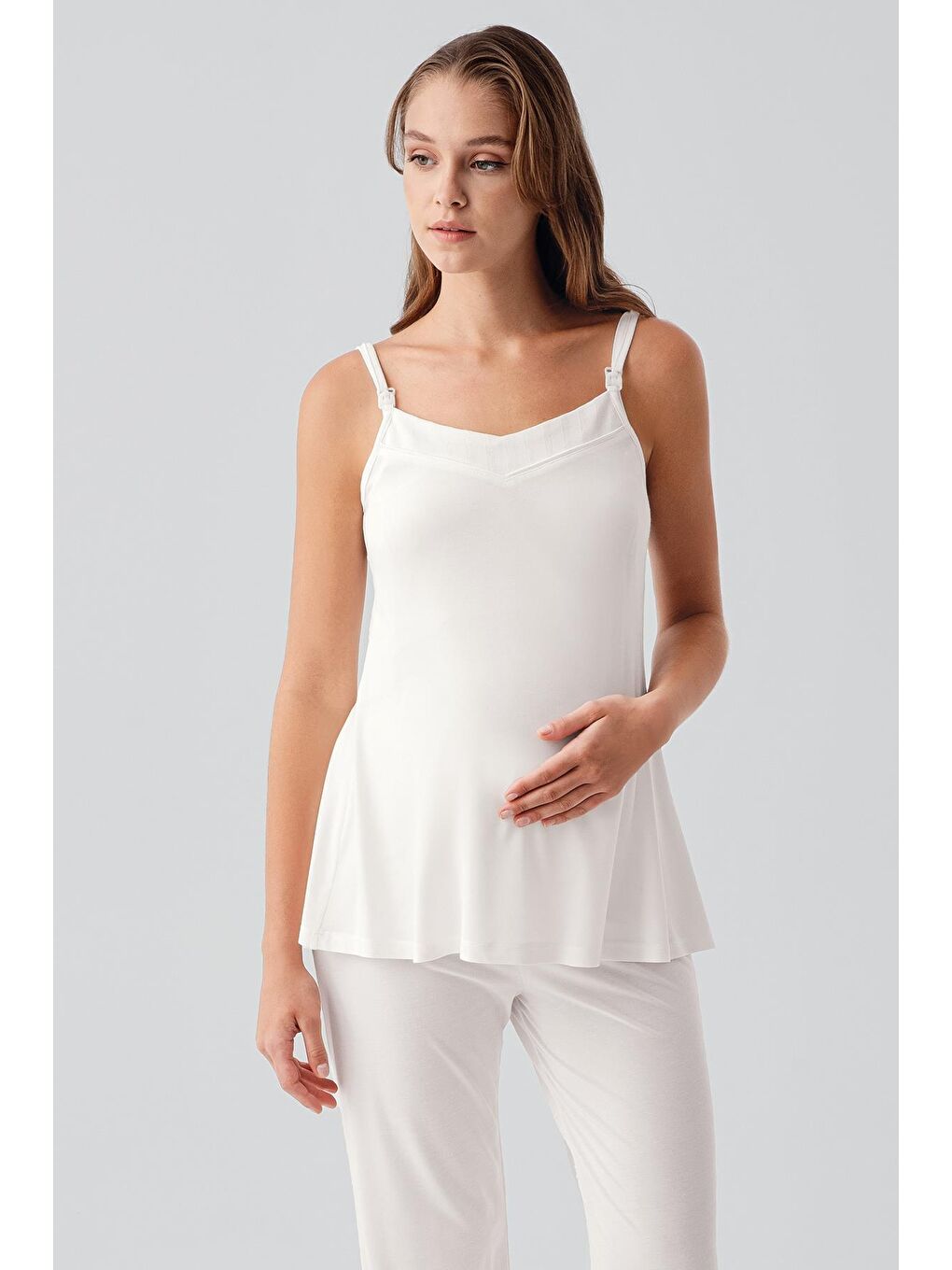 Ekru Askılı Esnek Viskoz Hamile Sabahlık Pijama Takım 19307-3