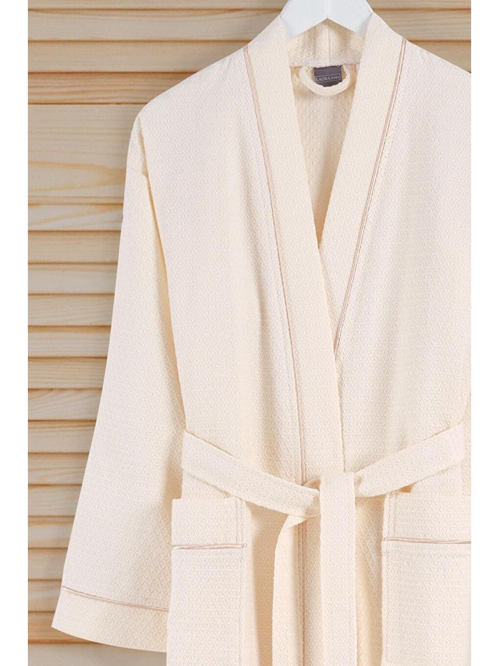 Ekru Dama Serisi Kimono Yaka Pike Bornoz Sabahlık KREM/L/XL-1