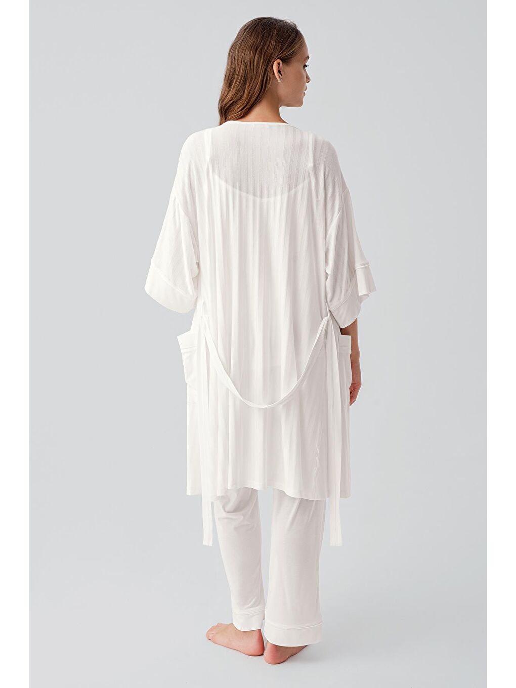 Ekru Askılı Esnek Viskoz Hamile Sabahlık Pijama Takım 19307-4