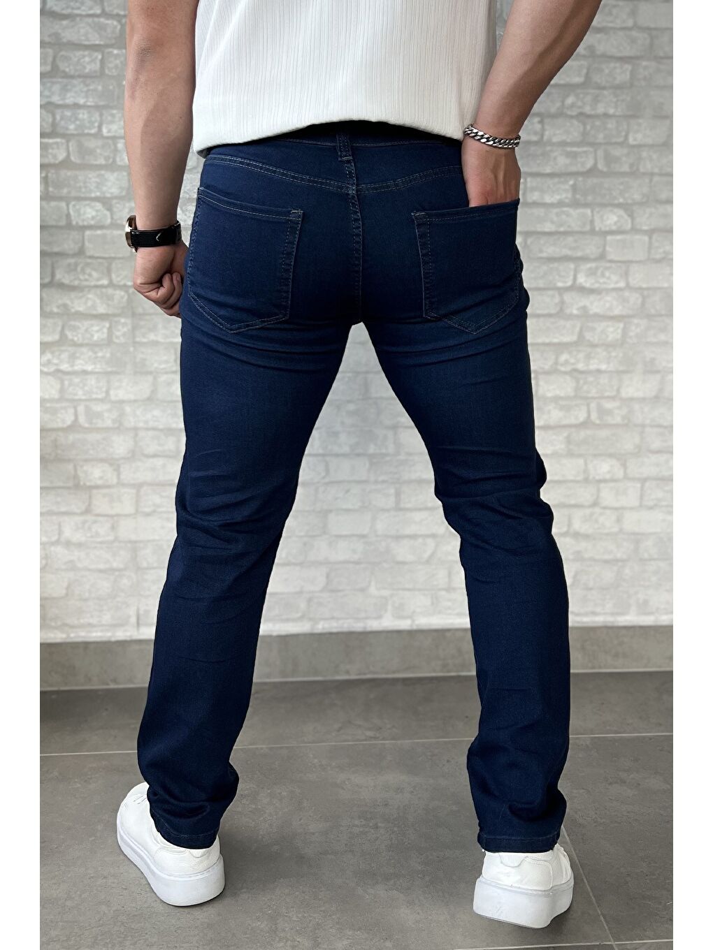 Lacivert Erkek Elastanlı Fermuarlı Jean Pantolon-2