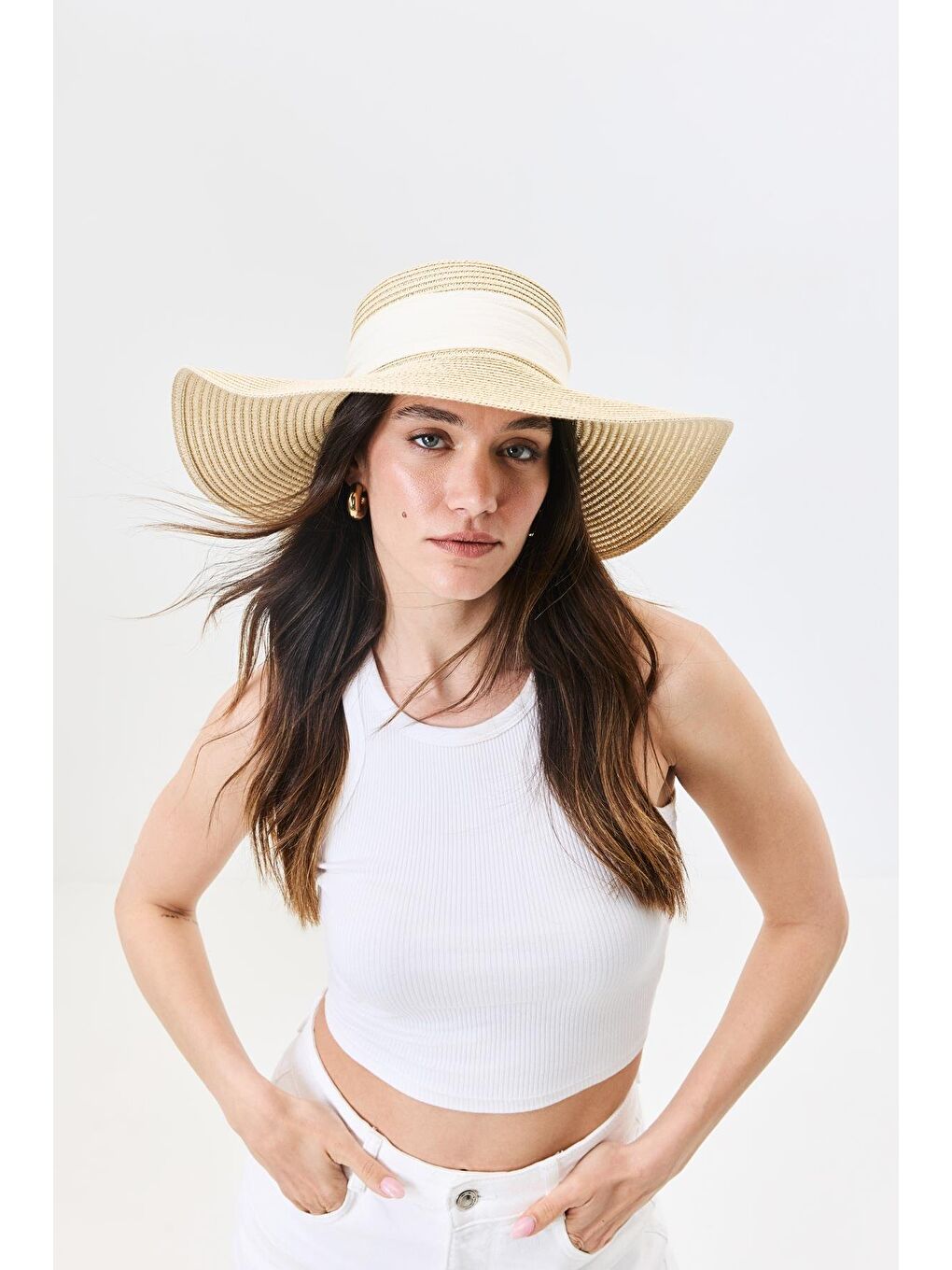 Geniş Kenar Hasır Plaj Şapkası Y25730-10 Bej