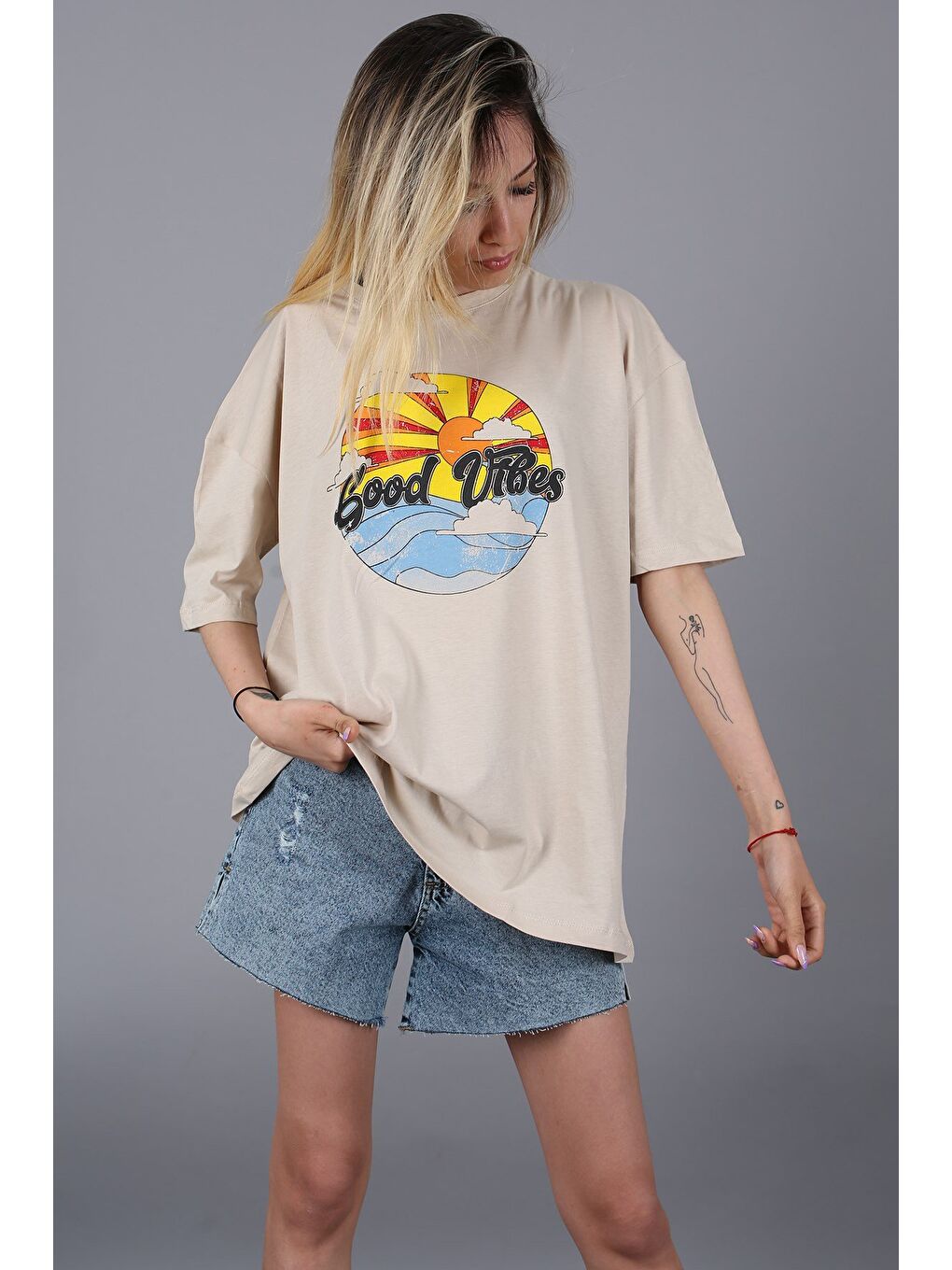 Bej Baskılı Tişört Mg1148-5