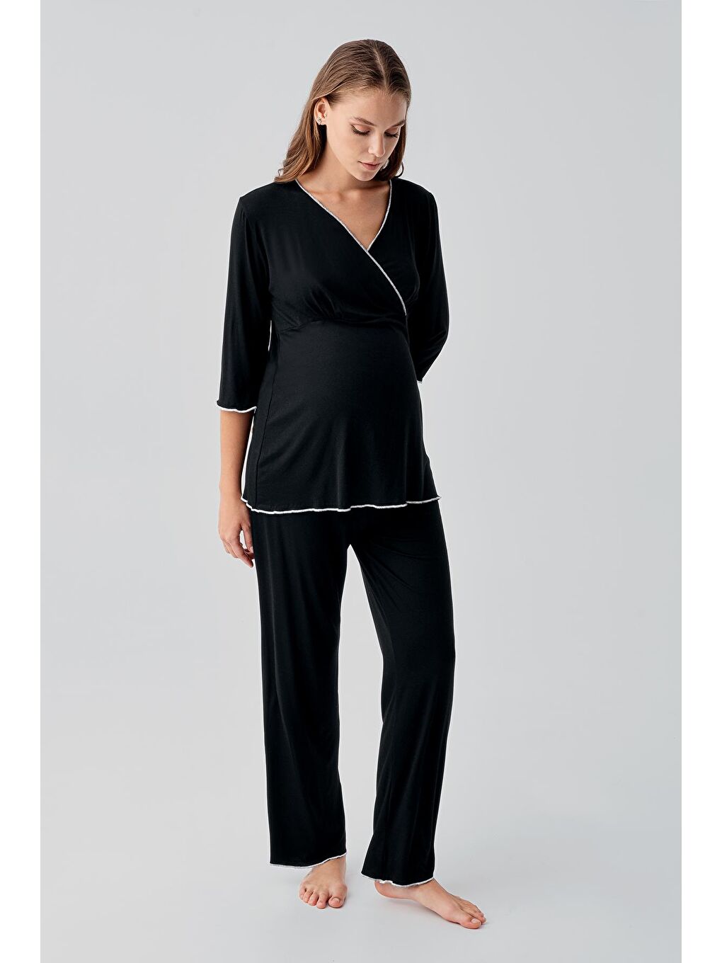 Siyah Uzun Kollu Elastanlı Esnek Viskoz Soft Hamile Pijama Takım 19212