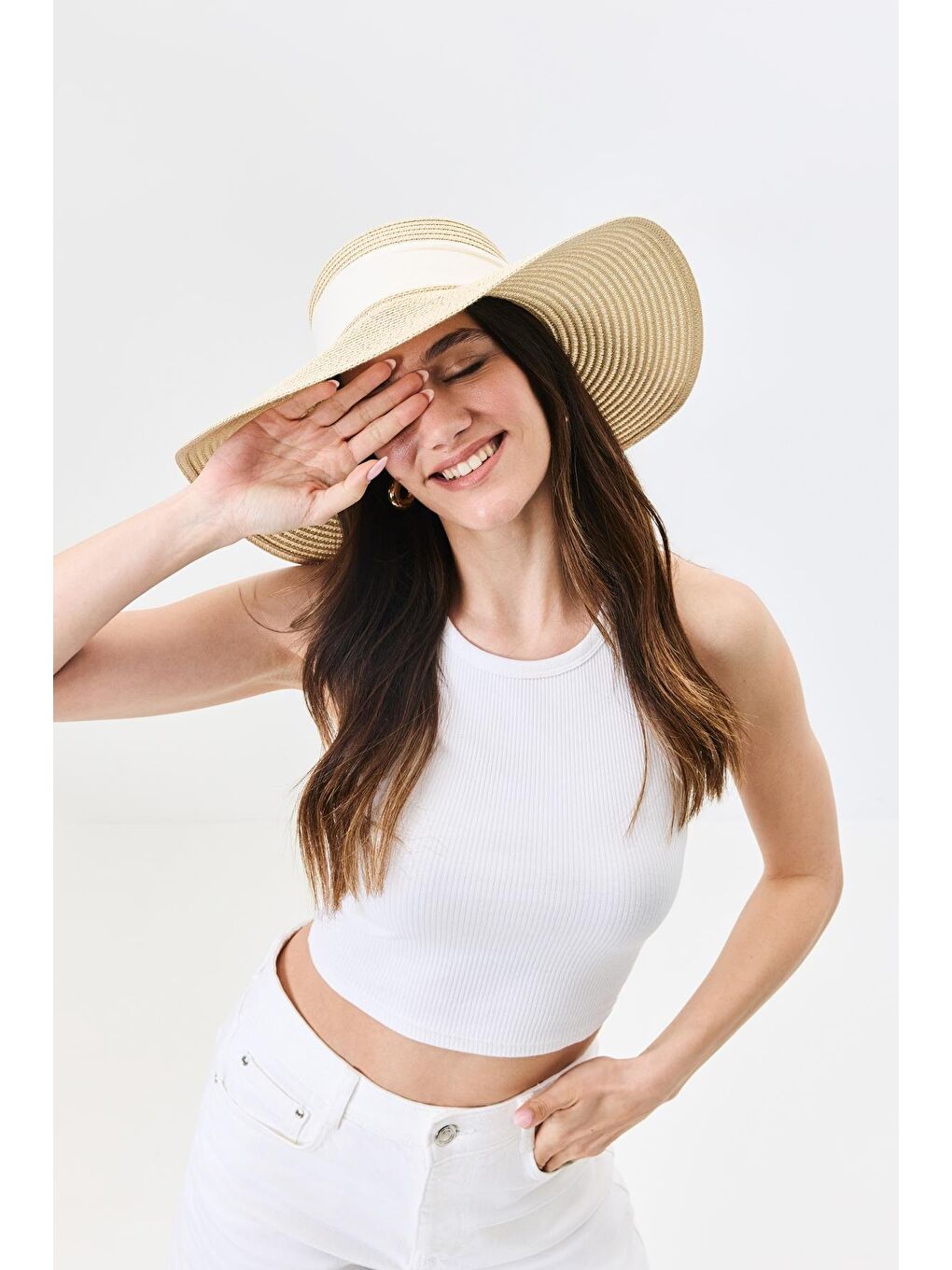 Geniş Kenar Hasır Plaj Şapkası Y25730-10 Bej-1