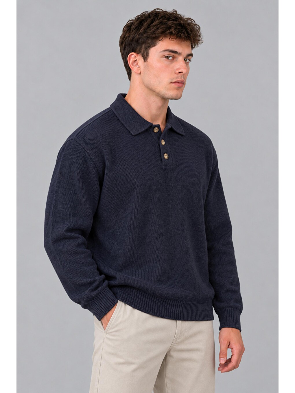 Lacivert Oversize Düğmeli Yaka Örgü Kazak Dp 17501_10063