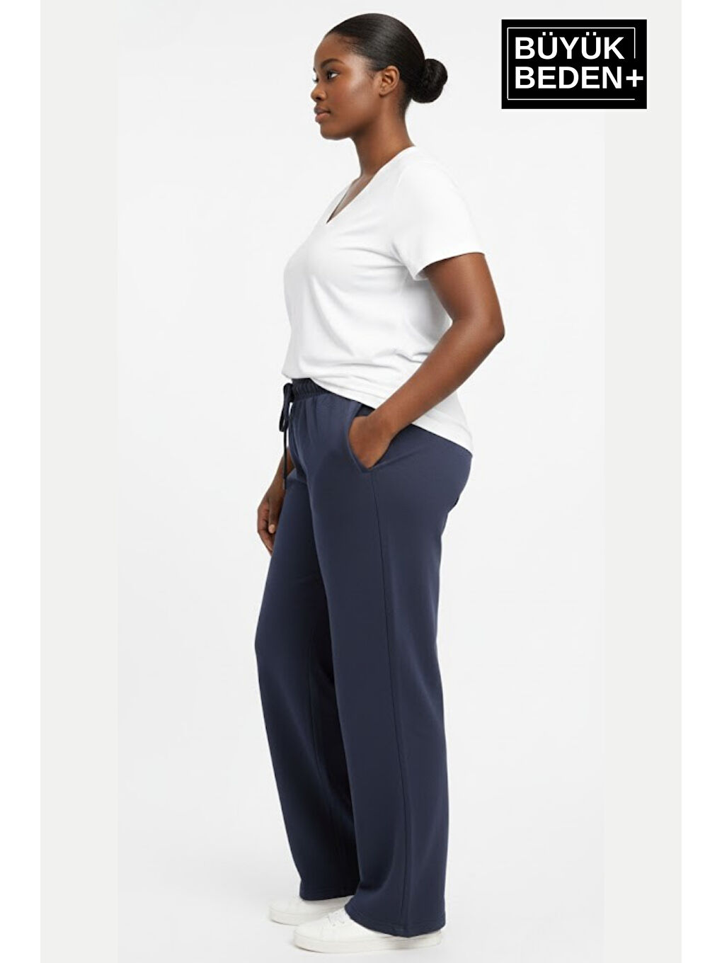 Lacivert Kadın Büyük Beden Rahat Kesim Lastikli Bel Paça Reçmeli Eşofman Altı SPR26EAK952-1