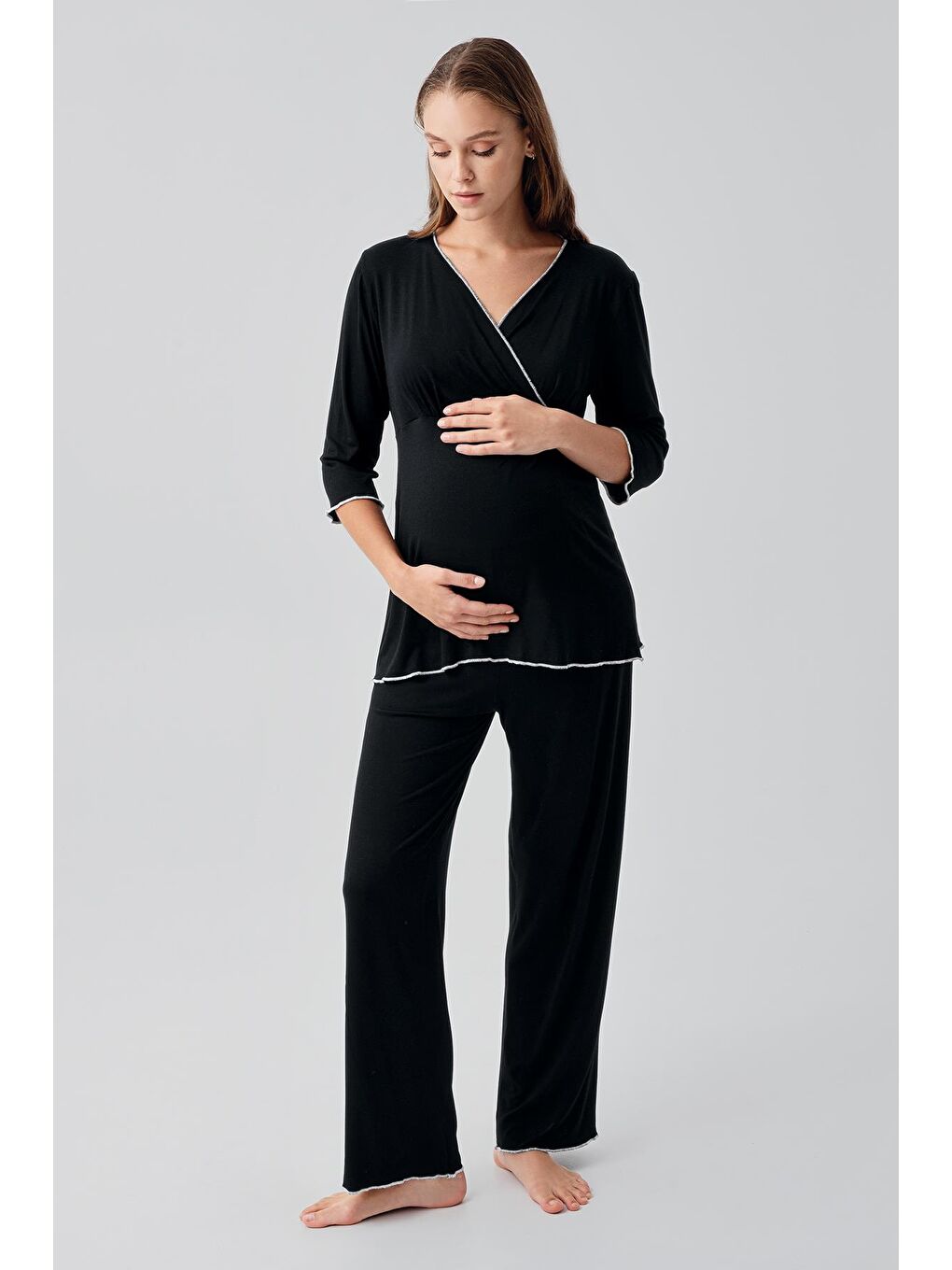 Siyah Uzun Kollu Elastanlı Esnek Viskoz Soft Hamile Pijama Takım 19212-1