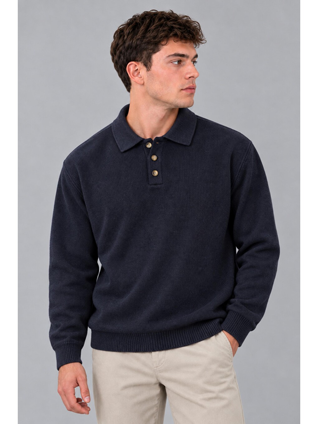 Lacivert Oversize Düğmeli Yaka Örgü Kazak Dp 17501_10063-1