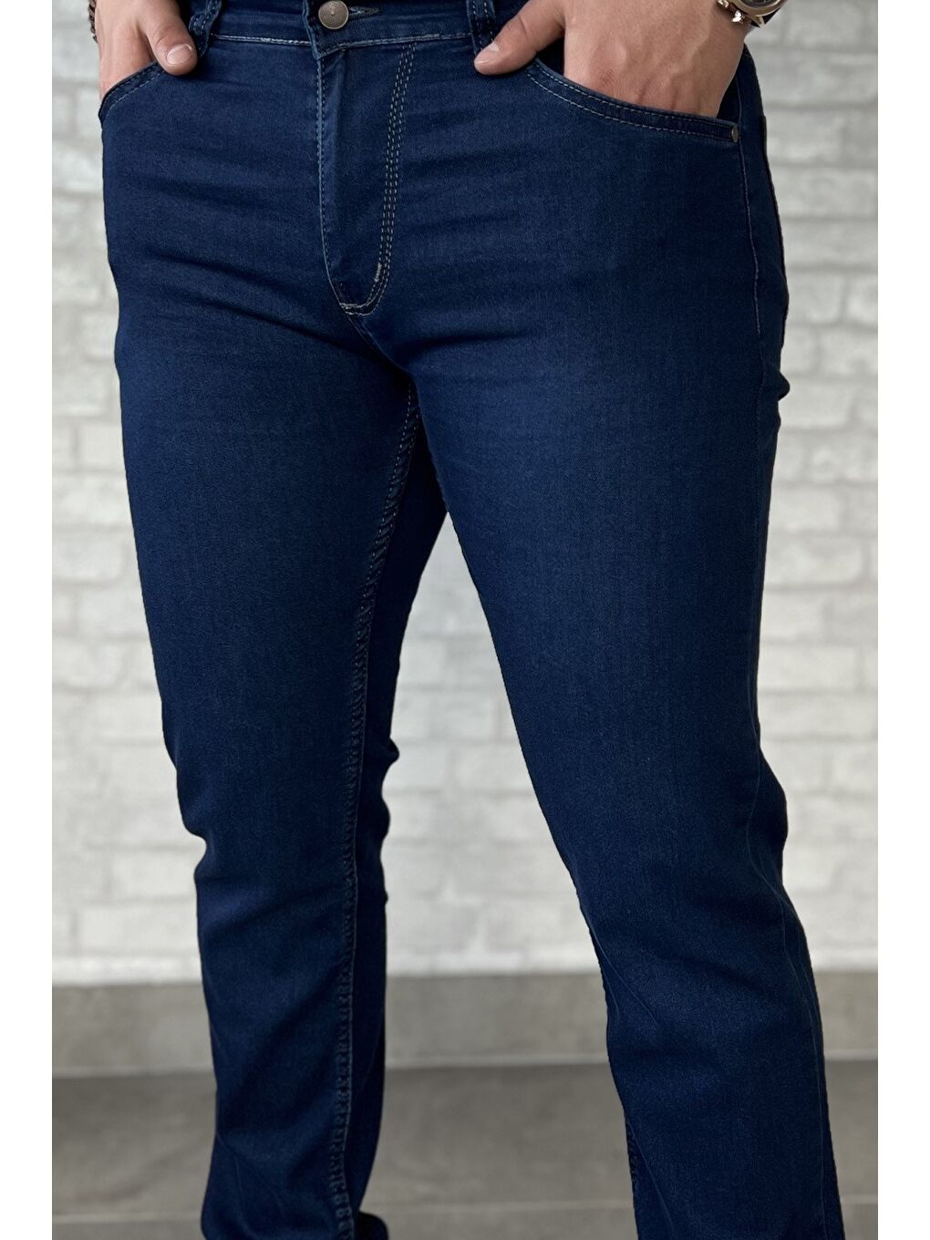 Lacivert Erkek Elastanlı Fermuarlı Jean Pantolon-3