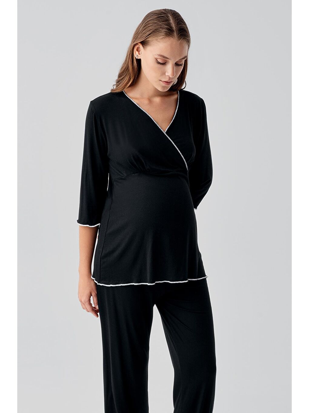 Siyah Uzun Kollu Elastanlı Esnek Viskoz Soft Hamile Pijama Takım 19212-2