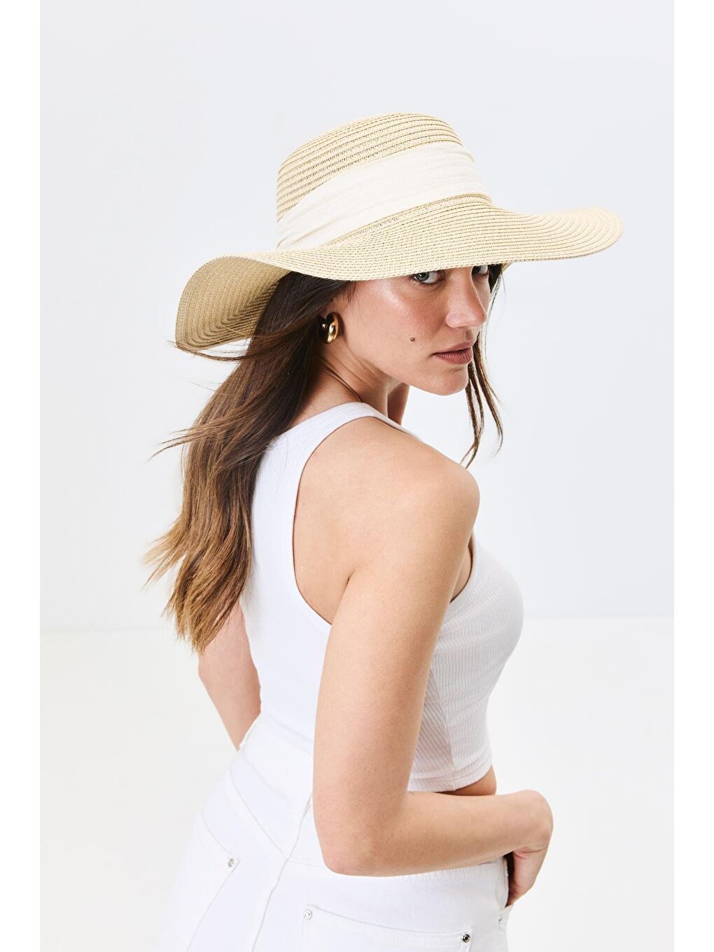 Geniş Kenar Hasır Plaj Şapkası Y25730-10 Bej-2