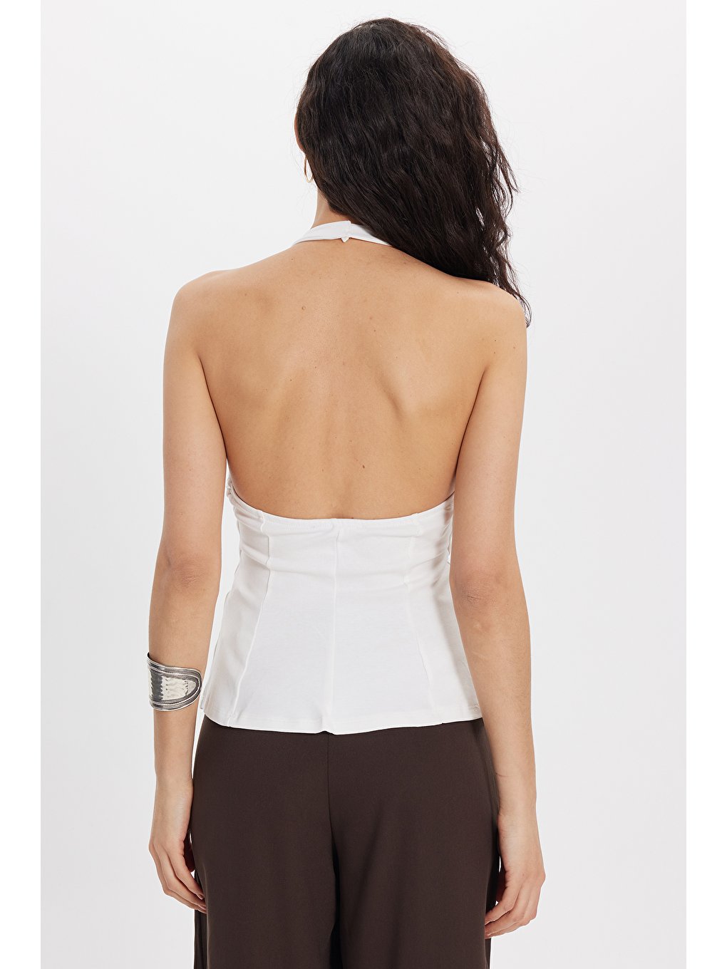 Kadın Slim Fit Dar Kesim  %100 Pamuk Boyundan Bağlamalı Sıfır Kol Ekru Bluz-5
