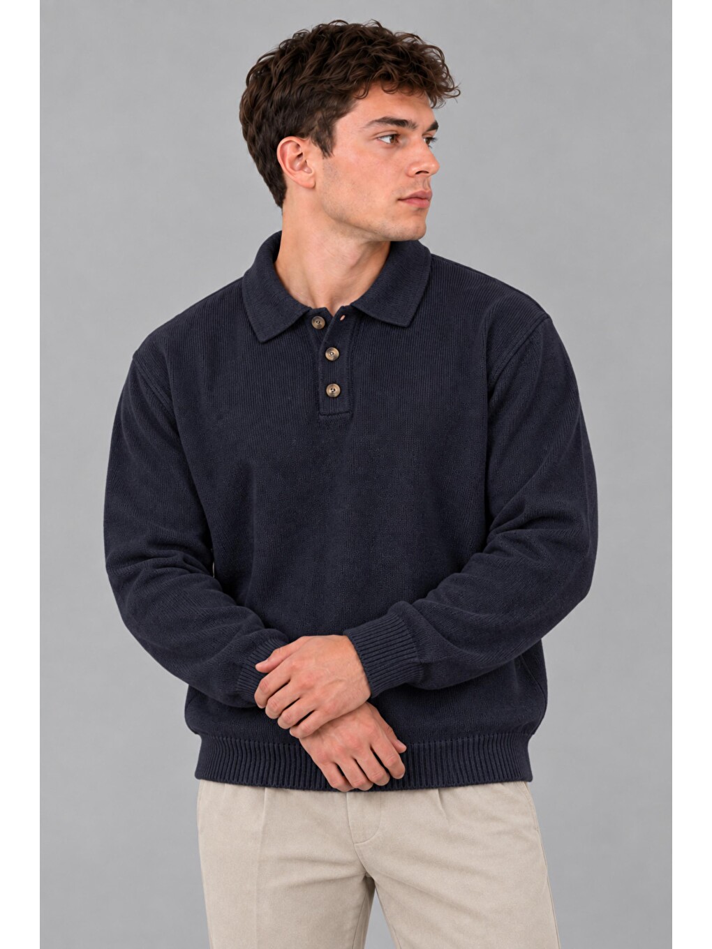 Lacivert Oversize Düğmeli Yaka Örgü Kazak Dp 17501_10063-2