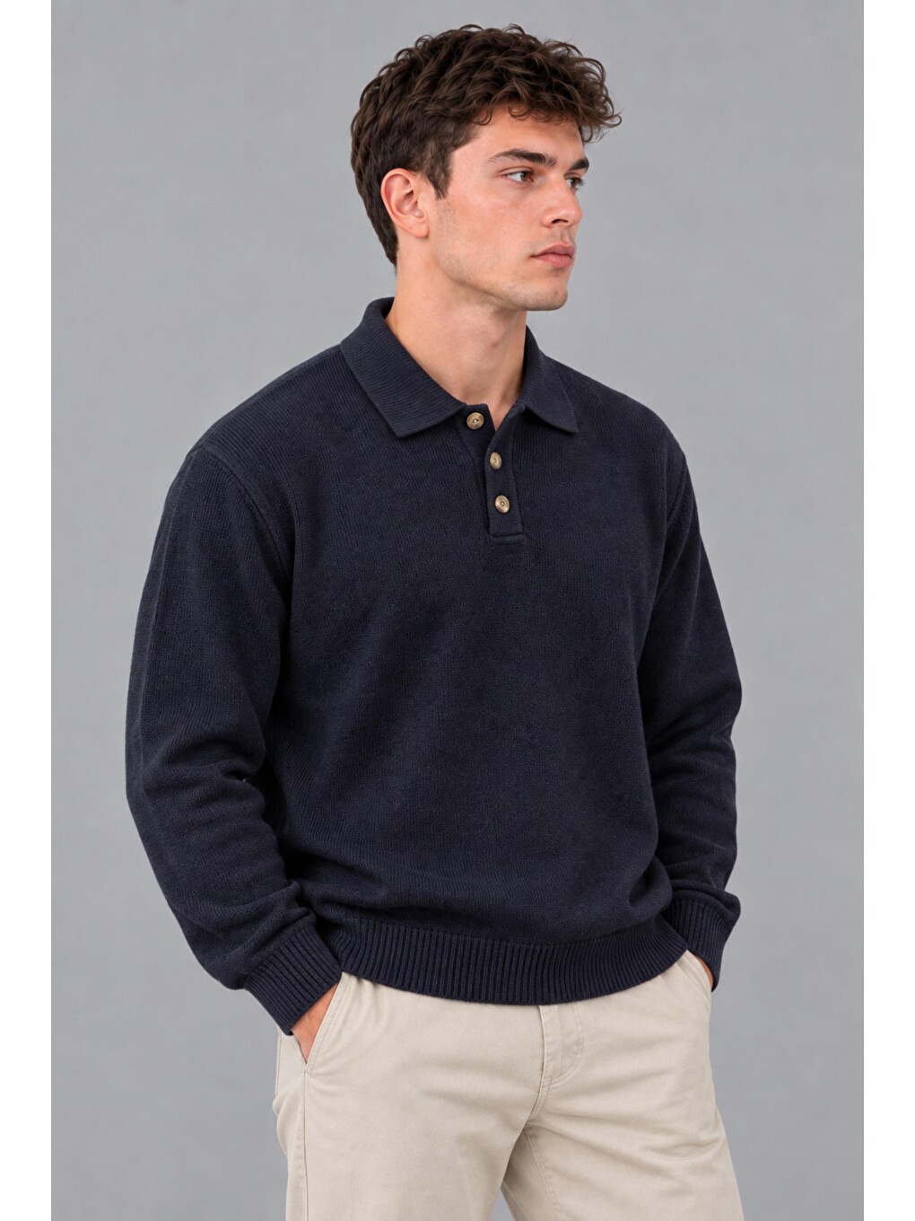 Lacivert Oversize Düğmeli Yaka Örgü Kazak Dp 17501_10063-3