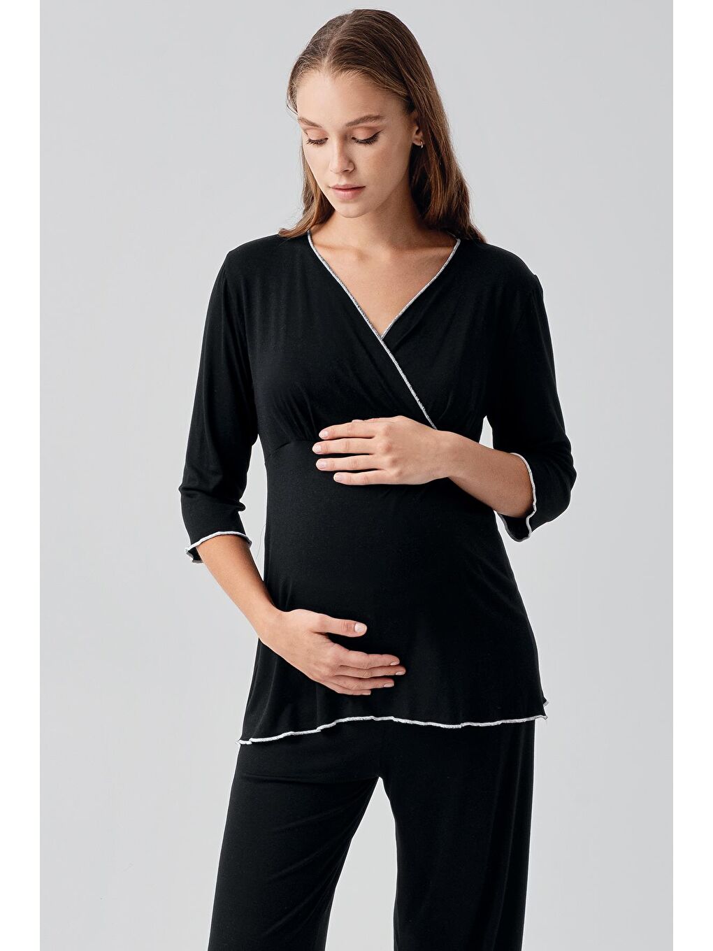 Siyah Uzun Kollu Elastanlı Esnek Viskoz Soft Hamile Pijama Takım 19212-3