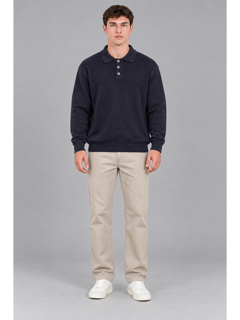 Lacivert Oversize Düğmeli Yaka Örgü Kazak Dp 17501_10063-4