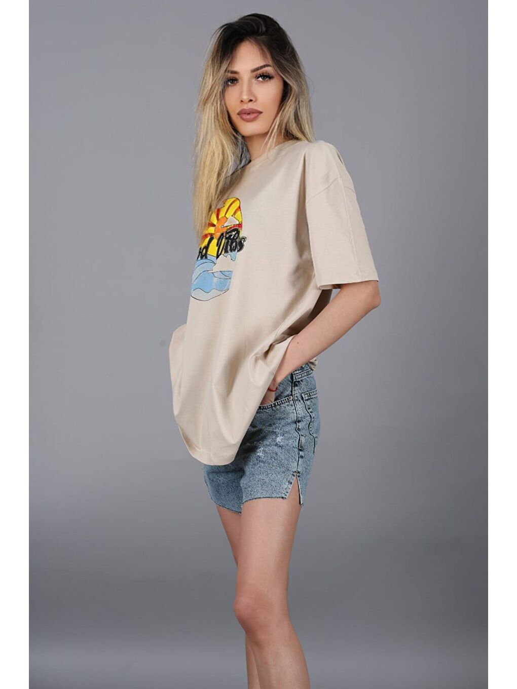 Bej Baskılı Tişört Mg1148-6