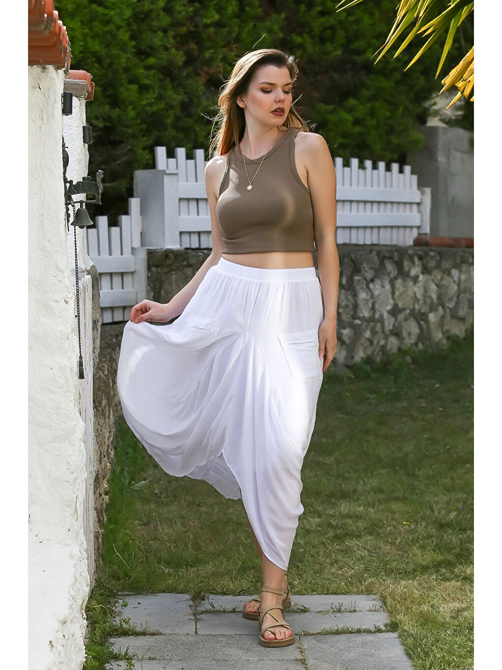 Beyaz Cepli İnce Astarlı Çift Katlı Lastikli Bel Casual Dokuma Etek 90 60-1